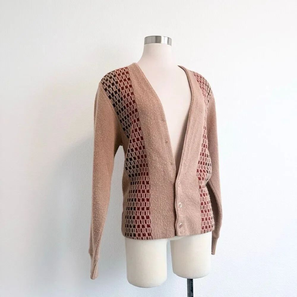 Vintage 1970s Brown Tan V Neck Cardigan Top m Small Wool Acrylic 70s